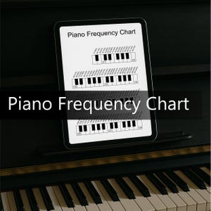 Könnte beinhalten: Ein digitales Tablet mit einem "Piano Frequency Chart" liegt auf einem schwarzen Klavier. Die Tabelle zeigt Klaviertasten mit entsprechenden Frequenzwerten. Der Titel "Piano Frequency Chart" ist deutlich sichtbar.