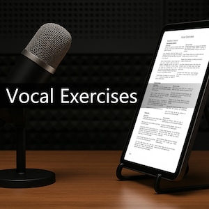 Könnte beinhalten: Ein schwarzes Mikrofon auf einem Ständer und ein Tablet mit Stimmübungen. Das Tablet steht auf einem schwarzen Ständer. Der Text "Vocal Exercises" wird in weißen Buchstaben auf einem schwarzen Balken angezeigt.