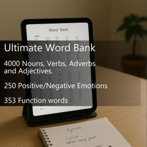 Pode incluir: Um tablet preto exibindo um "Banco de Palavras" com listas de substantivos, verbos, advérbios e adjetivos. A tela também mostra 250 emoções positivas/negativas e 353 palavras de função. Um caderno espiralado com a palavra "Lyrics" está em primeiro plano.