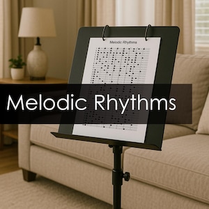 May include: A black music stand displaying a sheet of music with the text "Melodic Rhythms". The stand is positioned in front of a beige sofa. A lamp is visible in the background.