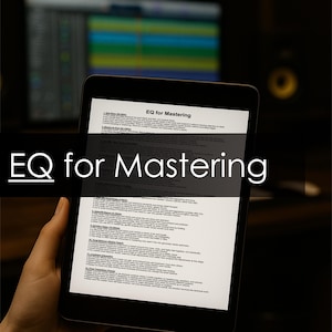 May include: A tablet displaying the text "EQ for Mastering" with a black background. The screen shows a document with detailed information about audio mastering techniques. The image is set against a dark studio backdrop, suggesting a focus on music production.