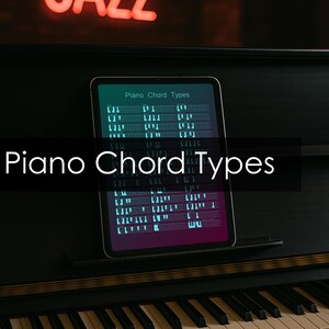 May include: A tablet displaying a Piano Chord Types chart with teal keyboard diagrams on a dark background, positioned on a black piano. The screen shows various chord fingerings and the text Piano Chord Types at the top and center.
