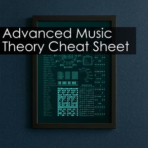 May include: A framed poster titled Advanced Music Theory Cheat Sheet featuring teal text and diagrams on a dark background. The print displays musical scales, chord progressions, a piano keyboard graphic, and fretboard patterns for reference.
