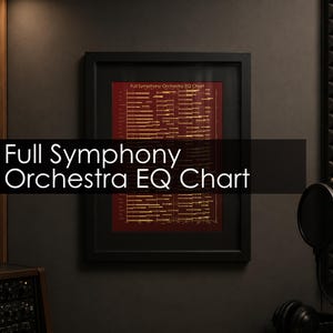 May include: A framed wall art print titled Full Symphony Orchestra EQ Chart, featuring a deep red background with gold-colored horizontal frequency bars representing various musical instruments arranged in a technical equalization layout.