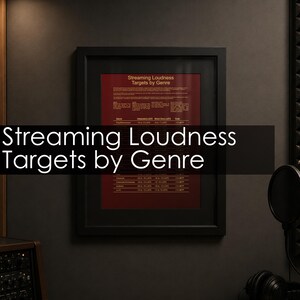Peut inclure: Une affiche encadrée intitulée Streaming Loudness Targets by Genre, présentant un fond rouge foncé avec du texte doré. Le tableau affiche des spécifications audio techniques, notamment les valeurs Integrated LUFS, Short Term LUFS et True Peak.