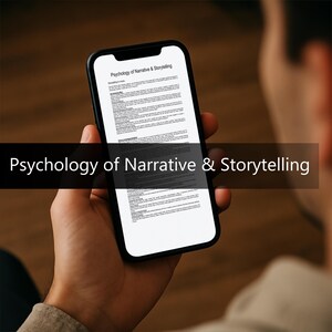 以下が含まれることがあります： 黒いスマートフォンは、画面に「物語とストーリーテリングの心理学」というテキストを表示しています。携帯電話は人の手で持たれており、背景はぼやけています。画面にはテキストを含むドキュメントが表示されています。