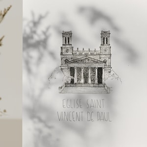 Eglise Saint Vincent de Paul | Dessin de Paris | illustration | print encre noire | Art minimaliste et figuratif