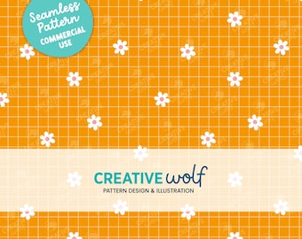 Ditsy Daisies and Grid Seamless Repeat Pattern in Warm Orange