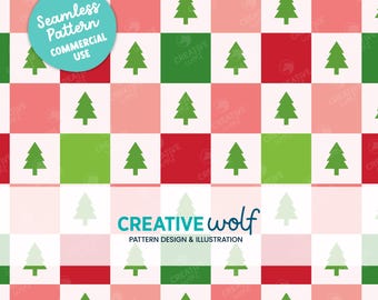 Minimalist Christmas Checkers and Trees in Pink, Red and Green, Holiday Seamless Repeat Pattern for Small Business Commercial Use