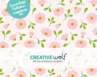 Floating Daisies and Leafs Seamless Repeat Pattern in Pastel Pink