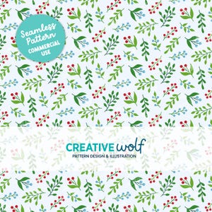 May include: A seamless pattern design featuring green leaves, red berries, and blue berries scattered across a white background. The design includes the text "Seamless Pattern Commercial Use" in a teal circle. The text "CREATIVE WOLF" and "PATTERN DESIGN & ILLUSTRATION" are also present.