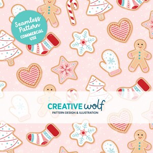Puede incluir: Un patrón sin costuras con galletas de jengibre navideñas sobre un fondo rosa. El diseño incluye hombres de jengibre, estrellas, corazones, mitones, copos de nieve, bastones de caramelo, árboles de Navidad y calcetines. El diseño está etiquetado como "Seamless Pattern".