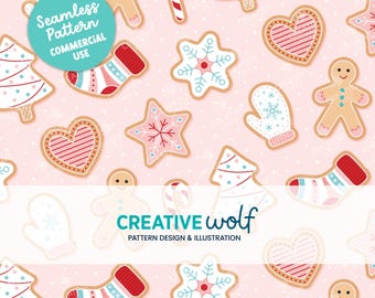 Sweet Christmas Gingerbread Cookies on Pink, Whimsical Holiday Seamless Repeat Pattern for Small Business Commercial Use