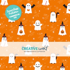 May include: An orange Halloween-themed seamless pattern with white ghosts wearing witch hats, bat wings, and cat ears. The design includes stars and the text "Seamless Pattern Commercial Use".