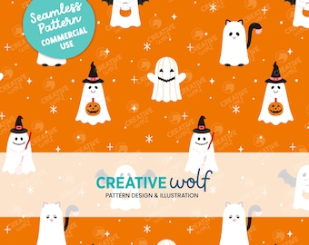 Trick or Treat Ghosts in Burnt Orange - Spooky Cute Halloween Seamless Repeat Pattern, for Small Business Commercial Use