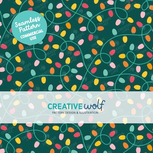 May include: Seamless pattern design featuring colorful, oval-shaped lights in shades of red, pink, yellow, orange, and teal, connected by teal lines, set against a dark teal background. The design includes the text "Seamless Pattern Commercial Use" and "Creative Wolf Pattern Design & Illustration."