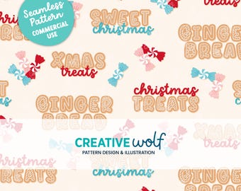Christmas Gingerbread Cookies and Candy on Soft Beige, Whimsical Holiday Seamless Repeat Pattern for Small Business Commercial Use