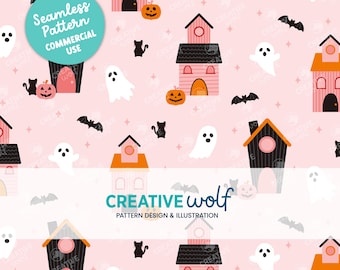 Haunted Houses, Pumpkins, Ghosts and Cats in Pastel Pink - Spooky Cute Halloween Seamless Repeat Pattern, for Small Business Commercial Use