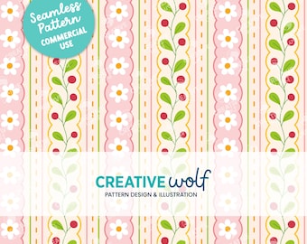 Whimsical Floral Stripes Spring Seamless Repeat Pattern in Pastel Pink and Yellow