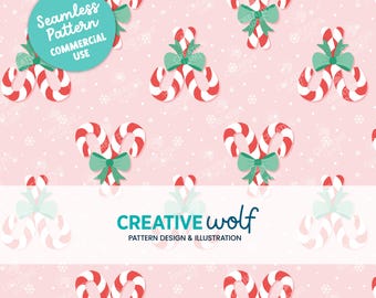 Retro Christmas Candy Canes and Bows on Pastel Pink, Whimsical Holiday Seamless Repeat Pattern for Small Business Commercial Use