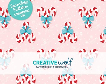 Christmas Candy Cane Bows Seamless Pattern: Pastel Pink, Red and Blue (Digital Download, Commercial Use)