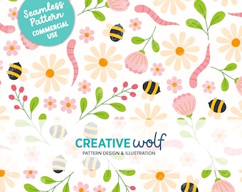 Whimsical Spring Flowers and Critters Seamless Repeat Pattern