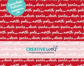 North Pole and Dear Santa Christmas Lettering on Red, Christmas Seamless Repeat Pattern for Small Business Commercial Use