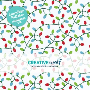 May include: Seamless pattern of Christmas lights in red, green, and blue on a white background. The design features looping green wires with colorful bulbs. The text "Seamless Pattern COMMERCIAL USE" is in a teal circle.