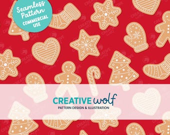 Sweet Christmas Gingerbread Cookies on Red, Whimsical Holiday Seamless Repeat Pattern for Small Business Commercial Use
