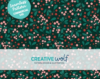 Winter Berries and Gold Sparkles on Dark Green, Christmas Holiday Seamless Repeat Pattern for Small Business Commercial Use