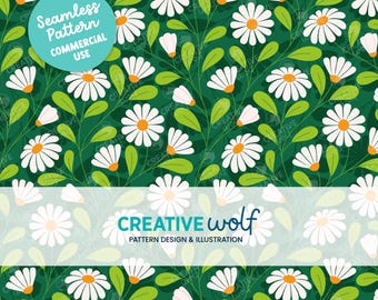 Trailing Daisies Spring Seamless Repeat Pattern in Emerald Green