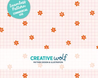 Ditsy Daisies and Grid Seamless Repeat Pattern in Pastel Pink