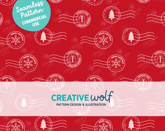 Adorable Christmas Mail Stamps in Pastel Pink and Red, Holiday Seamless Repeat Pattern for Small Business Commercial Use