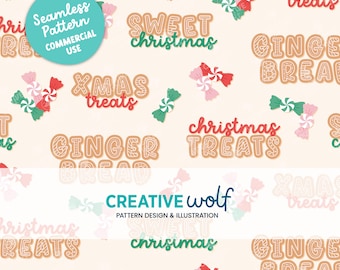 Retro Christmas Gingerbread Cookies and Candy, Whimsical Holiday Seamless Repeat Pattern for Small Business Commercial Use