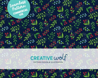Winter Foliage and Berries on Navy Blue, Holiday Seamless Repeat Pattern for Small Business Commercial Use