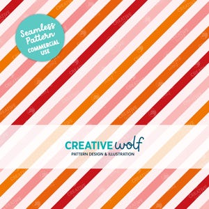 May include: A seamless pattern with diagonal stripes in red, orange, and pink hues set against a white backdrop. The design includes the text "Seamless Pattern COMMERCIAL USE" and "CREATIVE WOLF PATTERN DESIGN & ILLUSTRATION".
