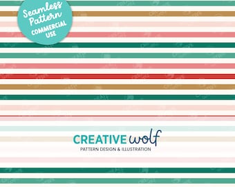 Stripes Seamless Repeat Pattern: Horizontal Stripes in Christmas Red, Pink, Green and Gold (Commercial Use)
