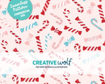 Sweet Christmas Peppermint and Candy Canes on Pink, Whimsical Holiday Seamless Repeat Pattern for Small Business Commercial Use
