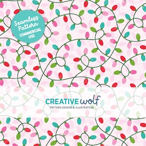 May include: Seamless pattern featuring colorful Christmas lights in red, pink, green, and teal on a light pink background. The design includes the text "Seamless Pattern COMMERCIAL USE" and "CREATIVE WOLF PATTERN DESIGN & ILLUSTRATION."