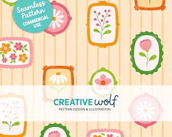 Whimsical Floral Frames and Stripes Seamless Repeat Pattern in Yellow
