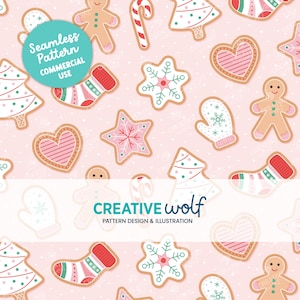 May include: A seamless pattern featuring various Christmas cookie designs on a pink background. The cookies include gingerbread men, candy canes, snowflakes, Christmas trees, mittens, stockings, and hearts. The text "Seamless Pattern Commercial Use" and "CREATIVE wolf PATTERN DESIGN & ILLUSTRATION" are also included in the design.