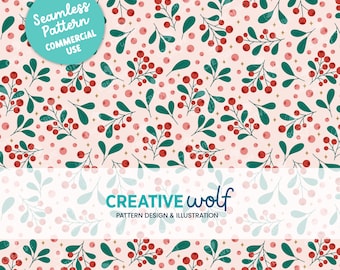 Winter Berries and Gold Sparkles on Pastel Pink, Christmas Holiday Seamless Repeat Pattern for Small Business Commercial Use