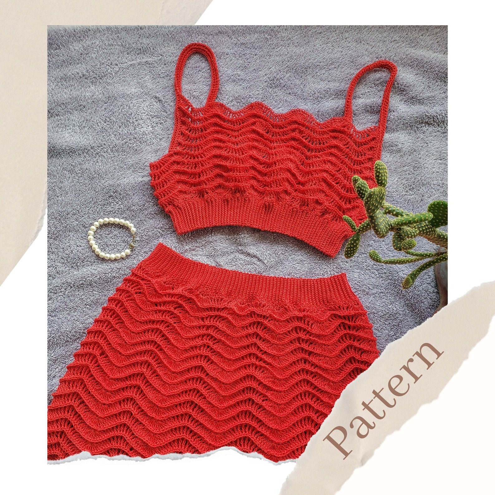 A red-orange tank top and skirt set. It is solid colored and has a wavy stitch pattern.