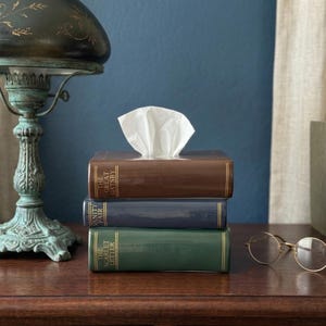 Vintage Stacked Book Tissue Box Cover Ceramic Library Decor Great Gatsby Vanity Fair Scarlet Letter