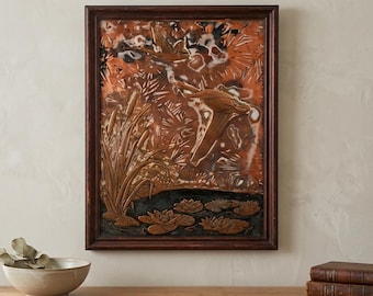 Large Geese Vintage Copper Wall Art Brutalist Relief Panel Mid Century Modern Rustic Wall Decor Torch Cut Metal