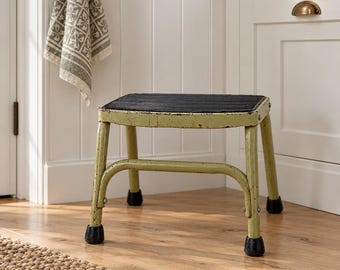 Vintage Olive Green Metal Step Stool Ribbed Rubber Top Farmhouse Kitchen Utility