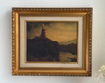 Vintage gerahmte Windmühle Landschaft Kunstdruck dunkel schwermütig Verzierter Goldrahmen 13x15