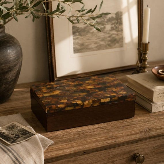 Vintage Wooden Mosaic Keepsake Box – Decorative Storage Trinket Jewelry Chest