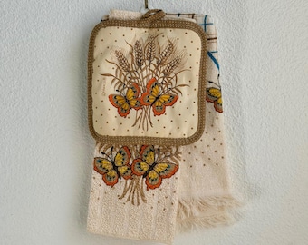 Vintage Cottagecore Franco Butterfly Wheat Kitchen Towel Potholder Set Tan Brown