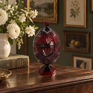 May include: A deep red glass lidded jar featuring a faceted, starburst-like geometric pattern across its egg-shaped body and a matching lid with a small knob handle, all supported by a sturdy, hexagonal pedestal base.